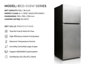 Refrigerador Total <span class=keywords><strong>No</strong></span> <span class=keywords><strong>Frost</strong></span> de 510L y 18 Pies Cúbicos, Ahorro de Energía, Bajo Nivel de Ruido, Gran Capacidad, BCD-508W, OEM, ODM, 110V, 220V, Personalizable - Product Image 4