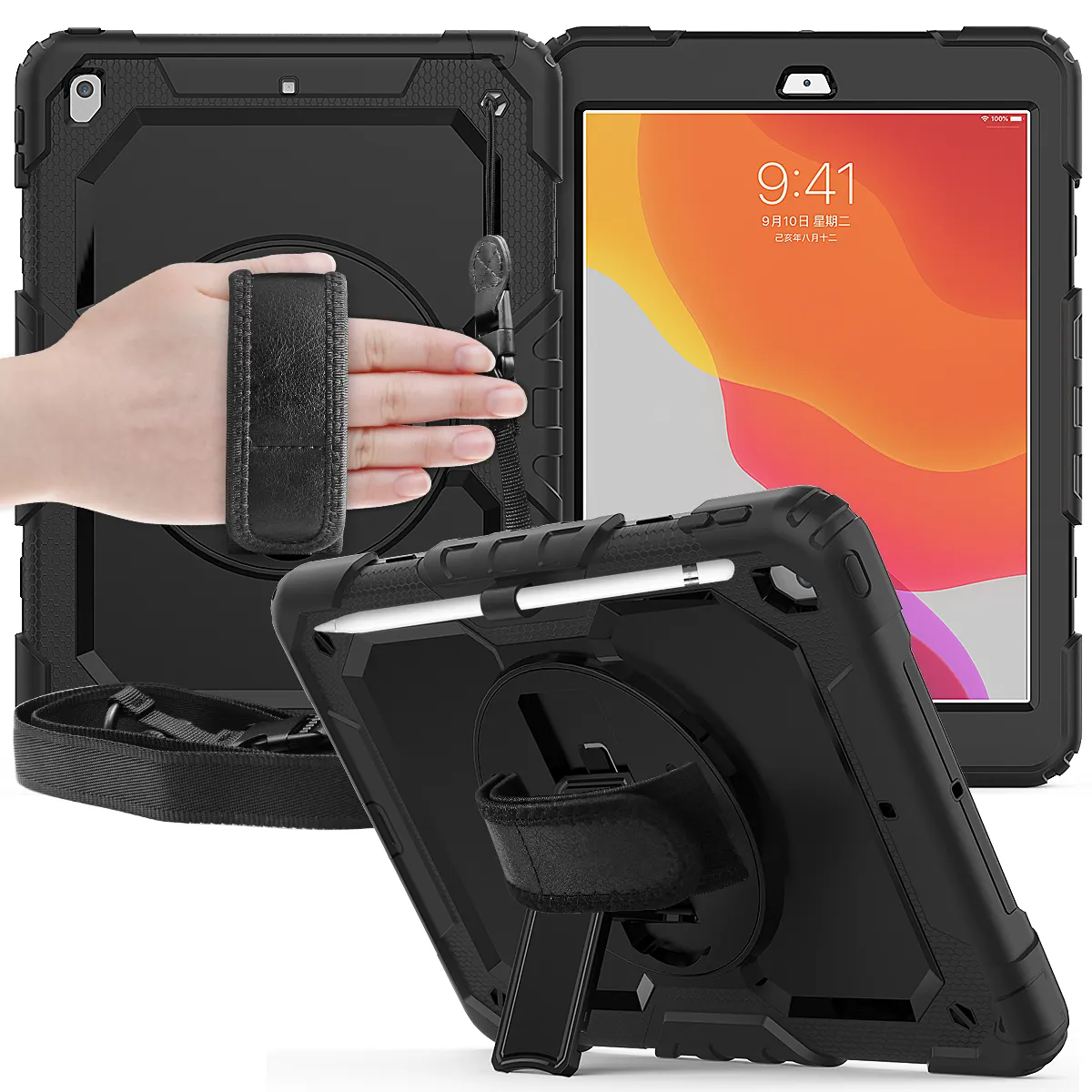 2020 Neues Design Robuste Silikon-Tablet-Hülle für iPad 10,2 Zoll 7. Generation A2197/A2198/A2200 Kids Shock proof Protective Cover-Schwarz