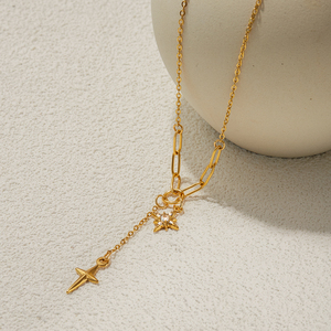 J & D Classic 18K Real Gold Plated Acero inoxidable Y Collar Crystal Star Charms Collar de gota - Product Image 4