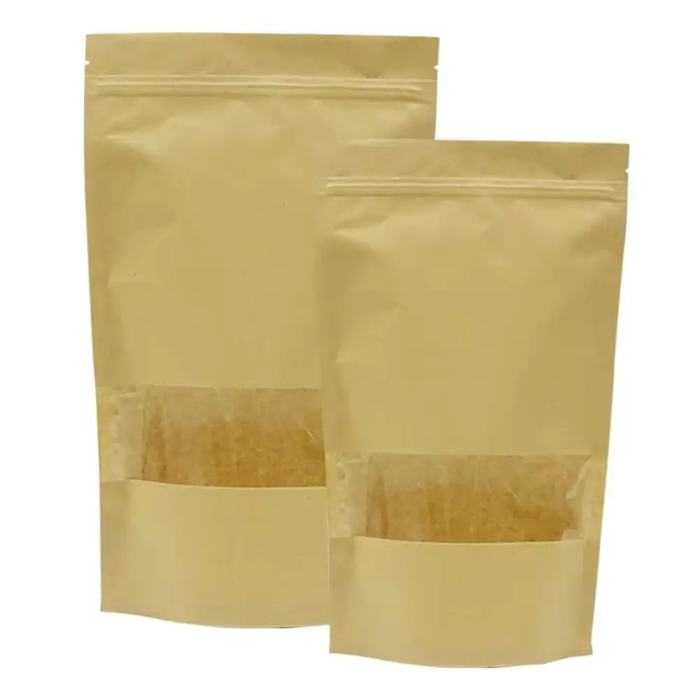 Bolsa con cremallera de pie de papel Kraft biodegradable, bolsa con ventana, cierre de cremallera resellable, sellado térmico para envasado de alimentos