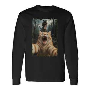 Camiseta de manga larga con diseño de gato naranja y dinosaurio T Rex - Product Image 1