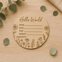 Panneau d'annonce de naissance en bois « Hello World » - Tableau de données de naissance pour nouveau-né de 5 pouces avec gravure florale, accessoire photo pour chambre d'enfant