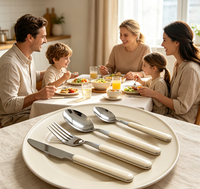 Ensemble de couverts de luxe réutilisables en acier inoxydable 4 pièces pour hôtels et événements, légers, finition miroir, couleur beige, manches en plastique