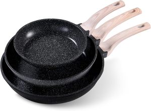 Juego de Sartenes Antiadherentes de Granito y Metal con Tapa de Vidrio - Negro 8"+10"+12" con Asas de Silicona Resistentes al Calor, Aptas para Inducción - Product Image 2