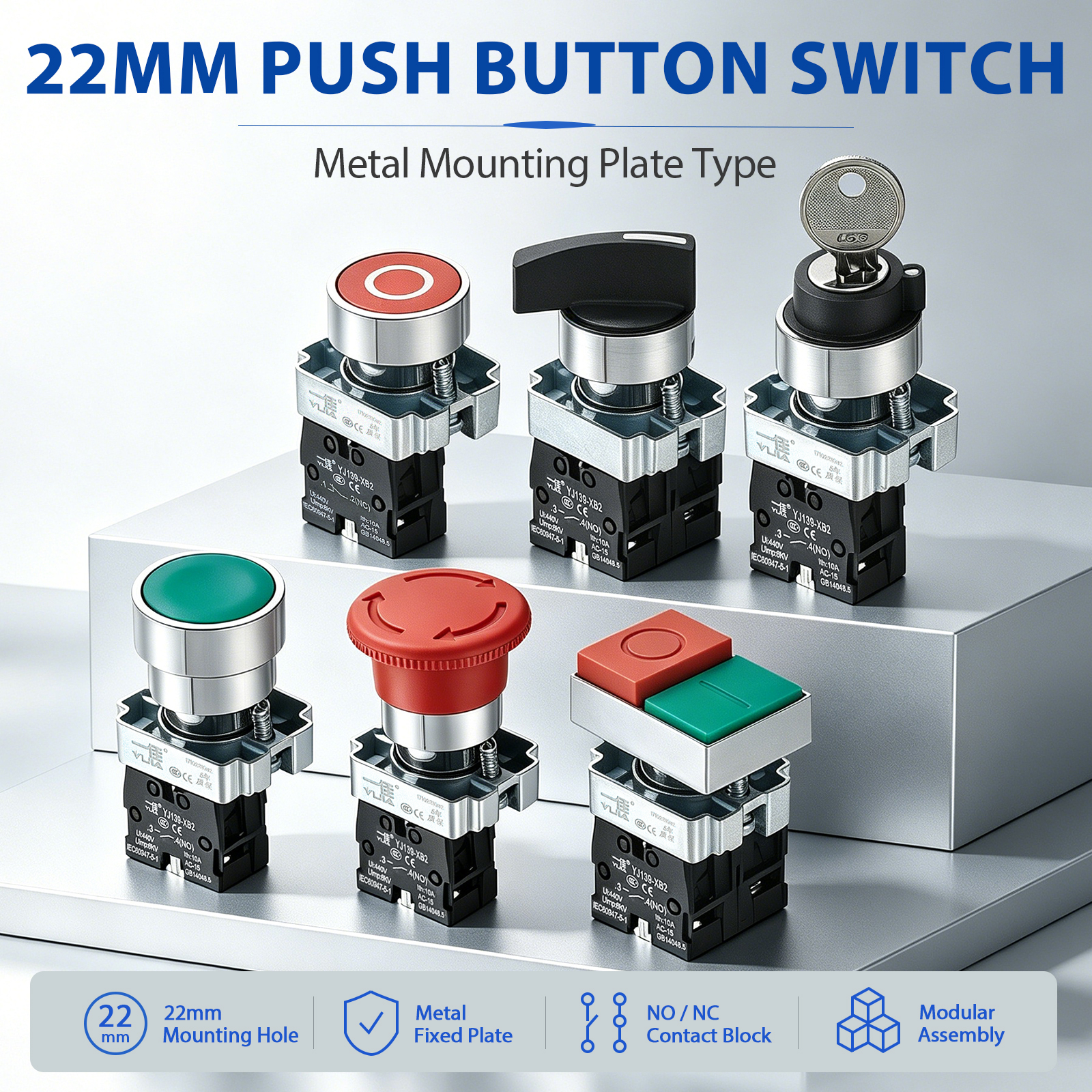 22mm 10A <strong>Momentary</strong> <strong>Push</strong> <strong>Button</strong> <strong>Switch</strong> with Metal <strong>Mounting</strong> Plate Emergency Stop Selector Pilot Light Industrial Control <strong>Button</strong>