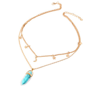 Collar con colgante de amatista de cristal de péndulo Hexagonal de piedra Natural, collar de cadena con capas de estrella y Luna para mujer - Product Image 4