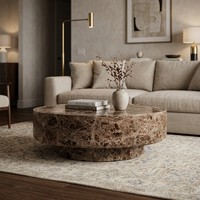 Meubles de salon de style américain, table basse ronde sculptée de luxe, table basse en marbre brun