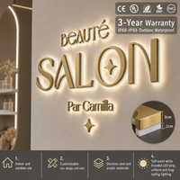Enseignes LED 3D personnalisées en acier inoxydable avec rétroéclairage doré pour magasins et bureaux, étanches IP65, garantie 3 ans, installation facile