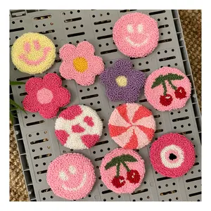 Absolutely Beautiful Cherry Flower Shape Cute Rug Mug Punch Needle Coaster Quality Little Vibrant Colors Punch Needle Coasters