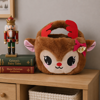 Panier de Noël en peluche renne mignon en gros, sac à bonbons de Noël personnalisé en fausse fourrure pour enfants, sac fourre-tout cadeau de fête de Noël avec clochette