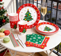 Ensemble de vaisselle jetable sur le thème de Noël, décoration de fête de fin d'année, fournitures de décoration de fête colorées, assiettes en papier, gobelets, serviettes de fête