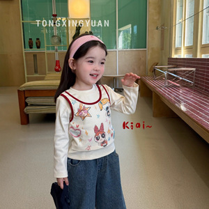 Girls Autumn Cartoon T-Shirt Plaid Jeans Set Cotton Two-Piece Outfit Kids Clothing - Product Image 4