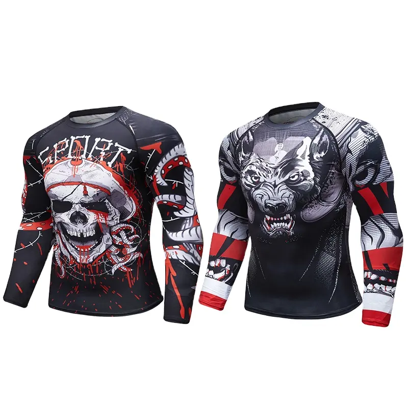 Guangzhou Wholesale Prijs Leeuw Hoofd Gespierd Sport T-Shirts Gesublimeerd Jogging Anti-uv Jiu Jitsu Rash Guard Strakke Shirts