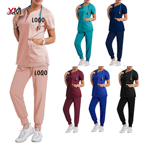 Logotipo personalizado salón de belleza médico mujeres traje XXL estiramiento pantalón dobladillo cremallera enfermera Scrub Jogger conjuntos Hospital uniformes - Product Image 1