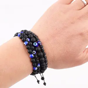 New Design Matte Onyx Lava Stone Blue Evil Eye Beaded Braided Macrame Bracelet JBS12598