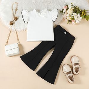 Tenues d'été pour filles de 90 à 130 cm, t-shirt à manches volantées, couleur unie, pantalon évasé à fente, ensemble deux pièces, vêtements en gros pour enfants - Product Image 5