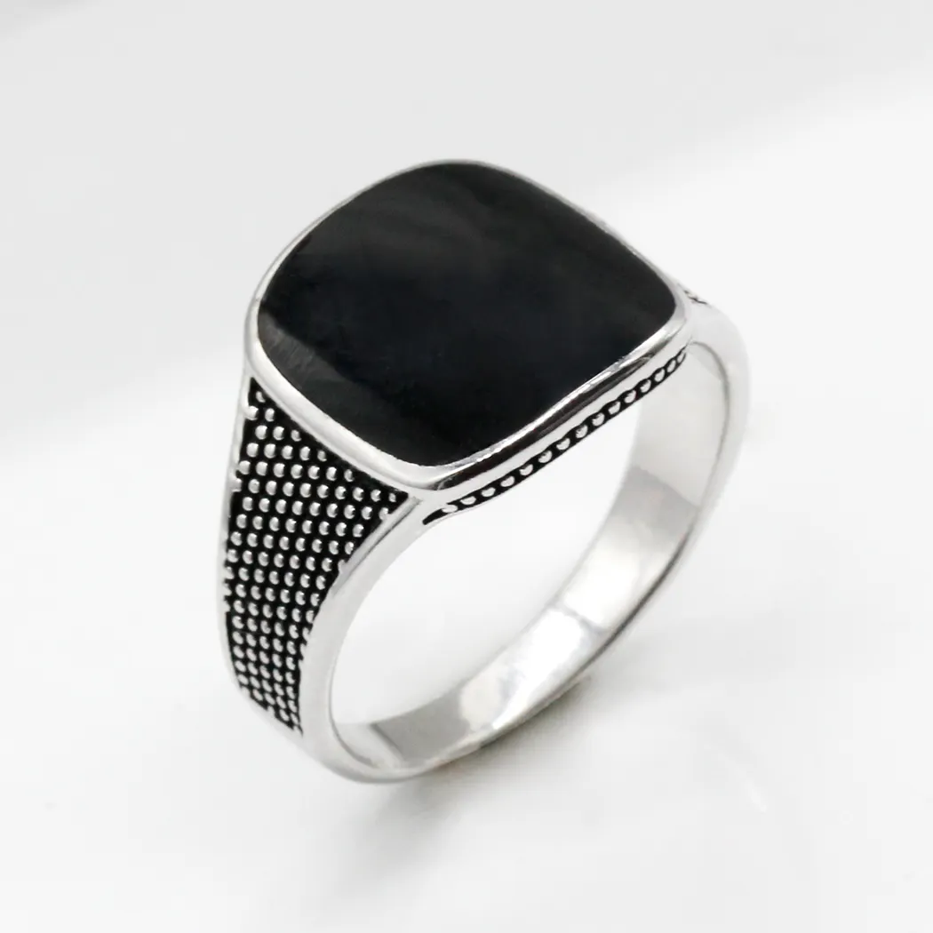 Custom 925 Sterling Silver Black Enamel Men Ring,Vintage Finger Ring for Man Women Wedding Engagement Jewelry