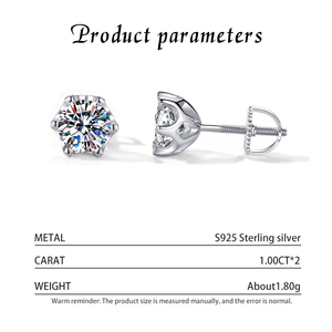 GRA Certified 925 <b>Sterling</b> <b>Silver</b> Rhodium Plated Ball Shape D Color 1CT Moissanite Classic 6 Prong Claw Setting <b>Stud</b> <b>Earrings</b> - Product Image 3