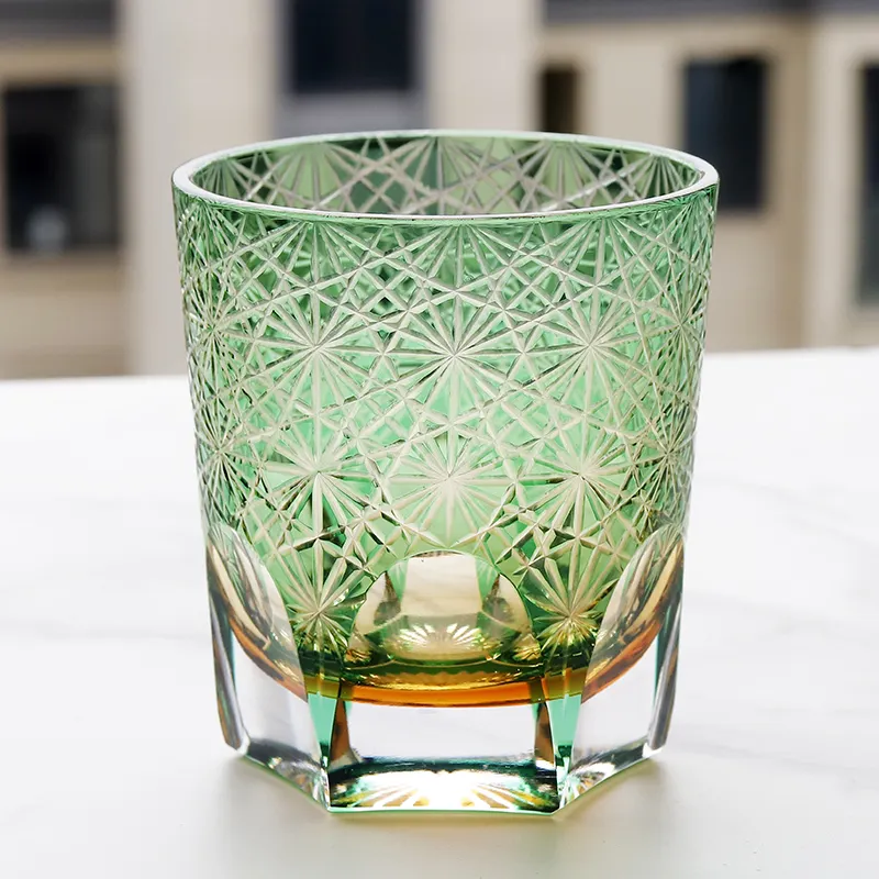 Copo de uísque Edo Kiriko verde âmbar de luxo de 8,5 onças, copo de vidro colorido estilo japonês, copo de bourbon antigo esculpido