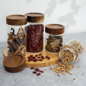 <span class=keywords><strong>Tarro</strong></span> de almacenamiento de especias de vidrio de grado alimenticio para cocina con forma de cilindro transparente personalizado alto borosilicato hermético Acacia té café azúcar sal - Product Image 6