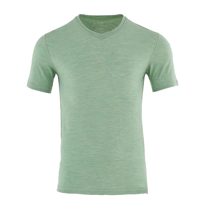 OEM Custom LOGO Solid Color Merino Wool Men's V Neck Shortsleeve T-shirt