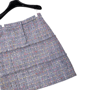 Jupe midi à volants en tweed gris à carreaux pour femmes avec bordure à franges, élégante jupe de bureau - Product Image 6