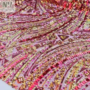 Nanyee Textile Red Shiny Ethnic African Vertical Geometric Sequin Lace Fabrics