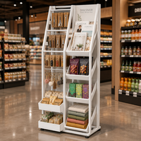 Vloerdisplayrek 4 schuine trays 3 hangende rails 2 bakken met headerpaneel, fruit- en groentegondel voor supermarkt, groothandel