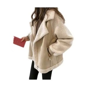 Women's Suede Motorcycle Jacket Apricot Loose Fit Windproof Fleece <b>Lined</b> Autumn Winter <b>Coat</b> - Product Image 5