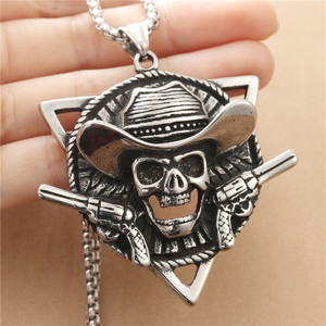 yunnique <b>Men's</b> Stainless Steel Skull Pendant Necklace With Cowboy Hat And Guns Retro Geometric Design 190141 - Product Image 3