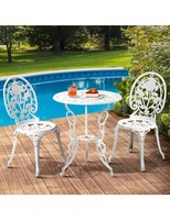 Ensemble bistrot de patio en aluminium moulé blanc, 3 pièces, table et chaises d'extérieur, motif rose, durabilité 10 ans, modèle pour balcon, bord de piscine, jardin