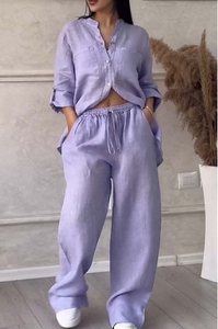Ensemble Chemise et Pantalon Large Décontracté Couleur Unie à Cordon de Serrage, Style Européen et Américain pour Femme, <span class=keywords><strong>2024</strong></span> - Product Image 6
