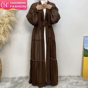 1964# Summer Lightweight Single Piece Chiffon Open Abaya With White Pearls <b>Tie</b> Belt Long Sleeves Dubai Abayas 5 Colors - Product Image 1