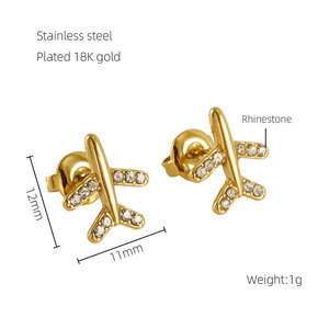 Boucles d'oreilles pour femme en acier inoxydable 316L plaqué or 14k 18k PVD, couleur or personnalisée, motif avion avec diamants, tendance - Product Image 6
