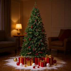 Árbol de Navidad Artificial Premium Kf-L de 9 Pies con Frutos Rojos y Piñas, Decorado para Interiores con Luces LED Cálidas - Product Image 2