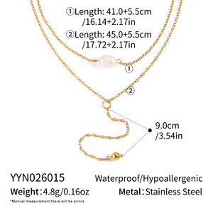 Collier en acier inoxydable plaqué or 18 carats PVD en forme de Y avec perles d'eau douce et pendentif à double couche en forme de pompon - Vente en gros B082 - Product Image 5