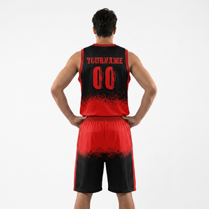 Ensemble de maillots de basket-ball pour hommes, rouge et noir, sublimé, col en V, sans manches, uniformes en polyester à séchage rapide, coupe athlétique - Product Image 2