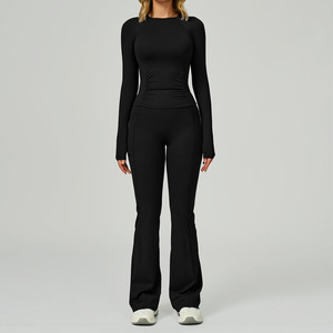 Ensemble de yoga 2 pièces pour <span class=keywords><strong>femme</strong></span>, en nylon/spandex, séchage rapide, sans couture, respirant, manches longues, écologique, effet push-up, pantalon de <span class=keywords><strong>sport</strong></span> à pattes d'éléphant - Product Image 2