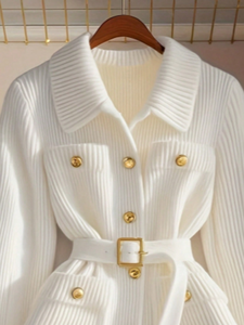Nuevo Diseño, Cárdigan de Punto con Cuello Camisero Blanco, Elegante y sin Esfuerzo, <span class=keywords><strong>Abrigo</strong></span> de Punto de Diseñador - Product Image 2