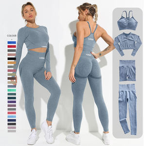 Ensemble 2 pièces de leggings de yoga avec soutien-gorge à manches longues, taille haute, coupe ajustée, design froncé aux fesses, en Spandex et Nylon, tenue de sport pour femme - Product Image 4