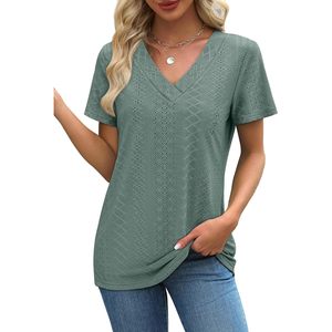 FOXA Women's Eyelet V Neck Short Sleeve T-Shirt Breathable Cotton Pullover <b>Top</b> - Product Image 3