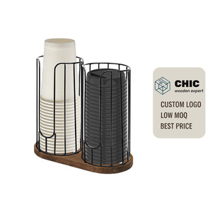 Dispensador de vasos de papel desechables de metal para encimera, organizador de estación de café, soporte para tapas, estante de almacenamiento con base de madera, venta al por mayor - Product Image 1