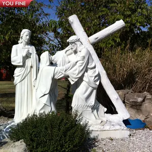 Statue de jésus en marbre blanc, artisanat artisanal en plein air, Statue religieux, croix en boule