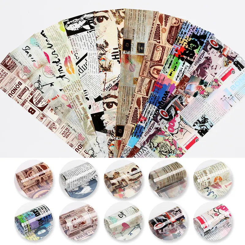 NSD5 10 Style Mixed Nail Foil Retro Magazine Letters Transfer Foil Stickers Decals Manicure For Nail Art Decoration