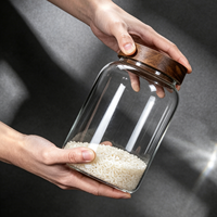 Grand pot en verre JM de 1 gallon avec couvercle hermétique en bois, lot de 2, pour farine, spaghetti, pâtes, poudre, thé, café