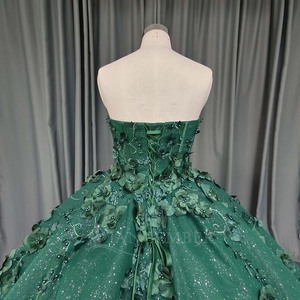 ANY254 Vestido de Noche Verde Esmeralda sin Tirantes con Bordado Floral - Product Image 6