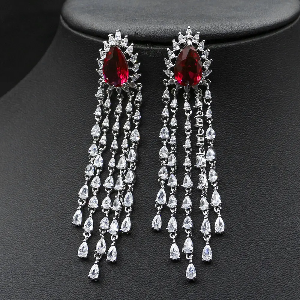 Hot selling Fashion Zircon Ruby Pendant Earrings Luxury Wedding Bride Tassels Earrings