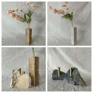 SHIHUI, decoración de mesa de ónix blanco Natural nórdico personalizada, jarrones de flores pequeñas, Base de jarrón de mármol con decoración de latón