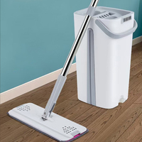 Ensemble serpillière plate et seau avec essoreuse manuelle, tête de serpillière en microfibre, manche en acier inoxydable pour nettoyage humide et sec des sols