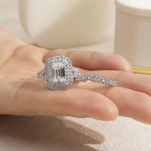 Anillo de Moda Messi Jewelry MSR-1890 PT950 con Diamante de Laboratorio Corte Esmeralda y Halo de Diamantes, Conjunto de Anillos con Diamantes Cultivados en Laboratorio - Product Image 4